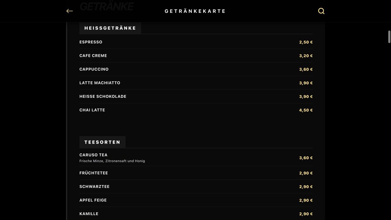 Getränkekarte des Café Caruso mit Heißgetränken und Tees