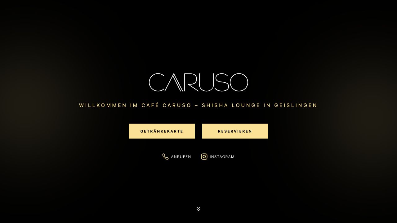 Startseite des Café Caruso mit Wortmarke, Getränkekarte und Reservierung