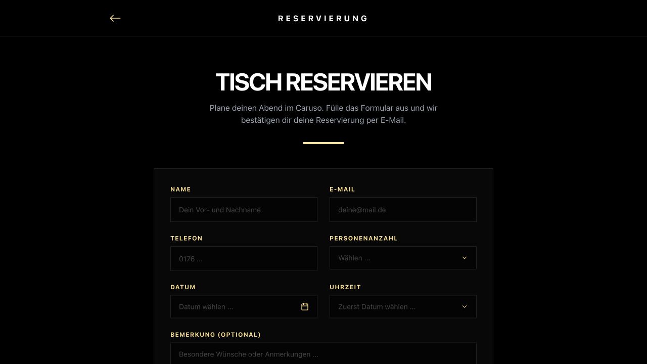 Responsive Tischreservierung des Café Caruso