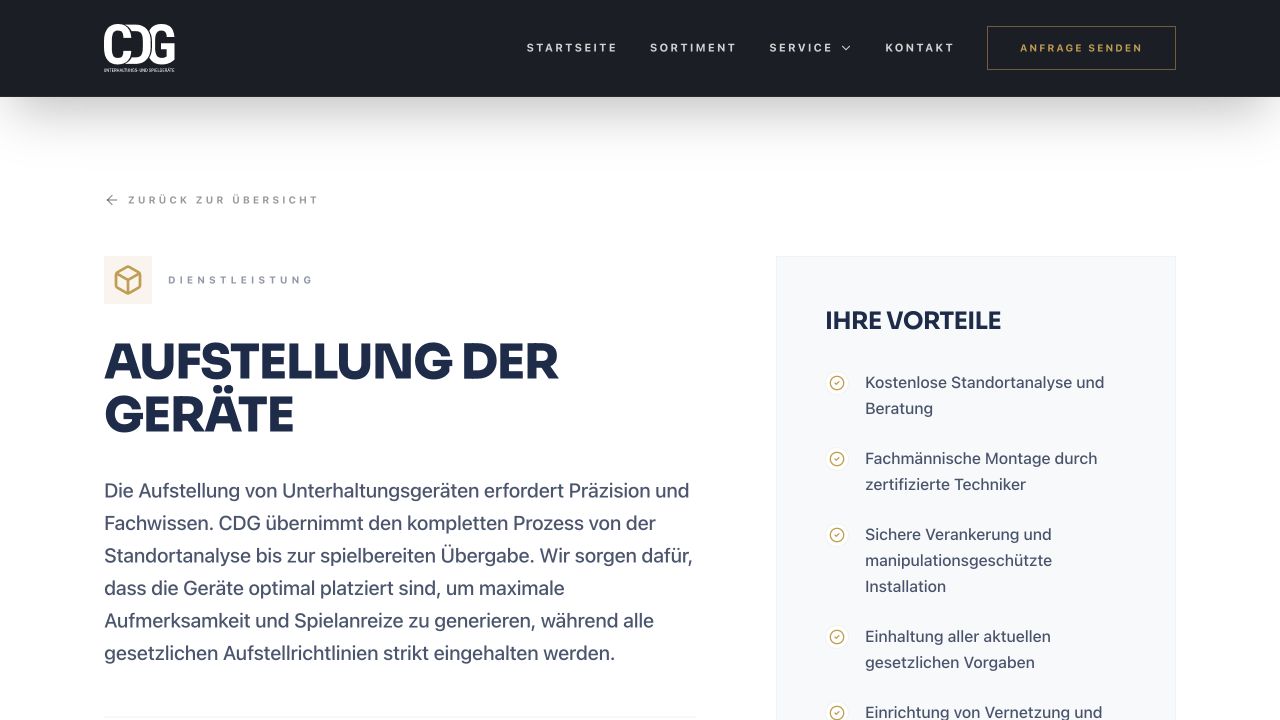 CDG Serviceseite zur Aufstellung der Geräte mit Leistungsbeschreibung und Vorteilen
