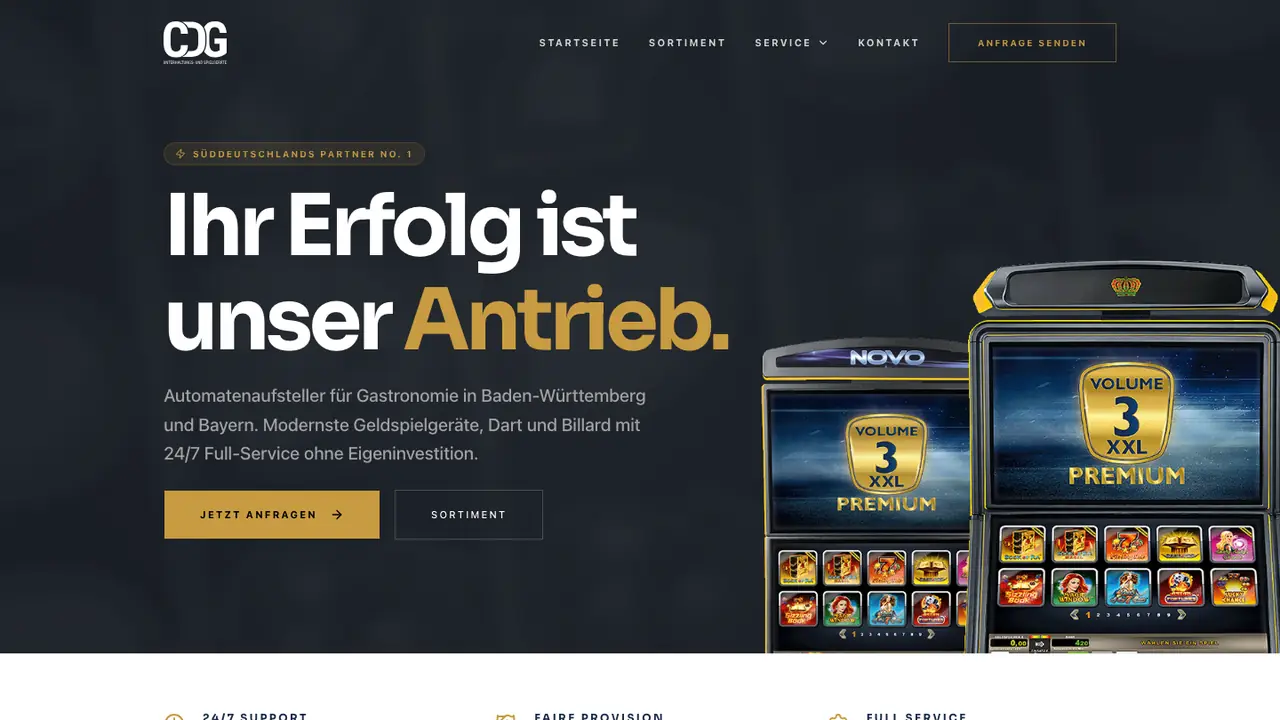 Scroll durch die Website von CDG Unterhaltung vom Hero über Leistungen und Sortiment bis zum FAQ-Bereich