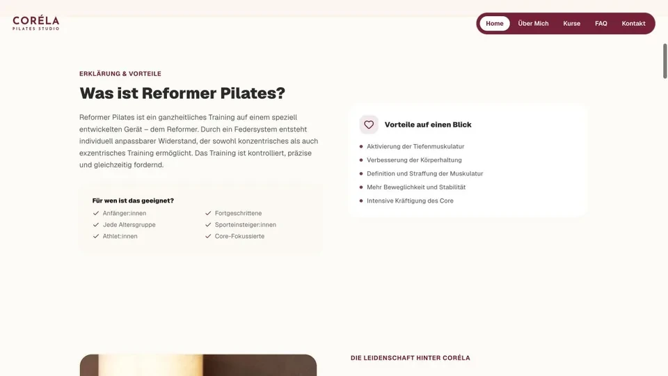 Informationsbereich der Coréla Website über Reformer Pilates