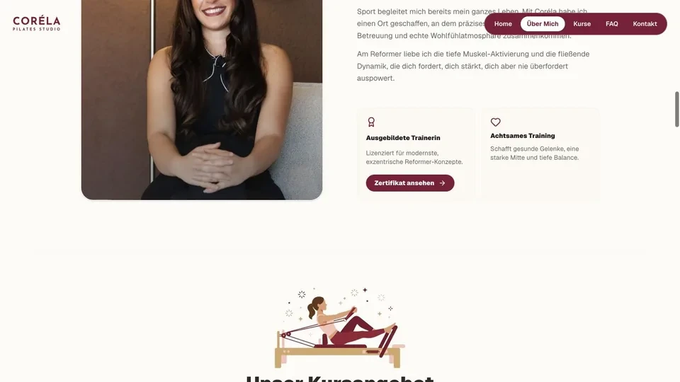 Über-uns-Bereich der Coréla Website mit Trainerin und Qualitätsmerkmalen