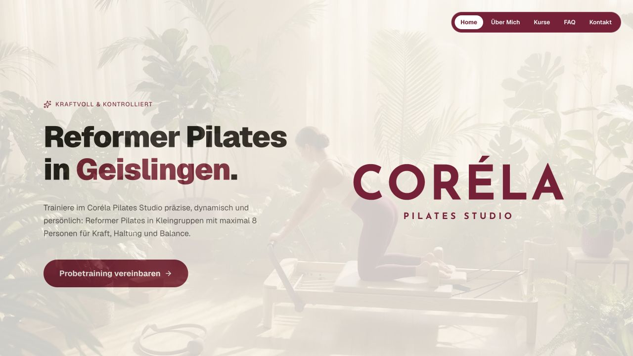 Ruhiger Scroll durch die Website des Coréla Pilates Studios